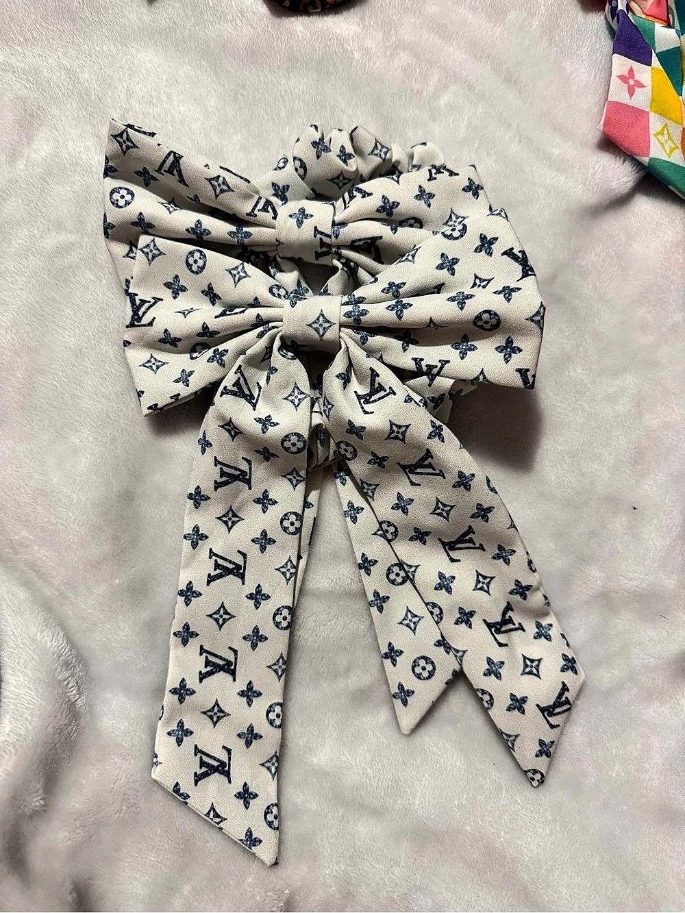 2 Monogram Bow Hair Scrunchie in White & Blue